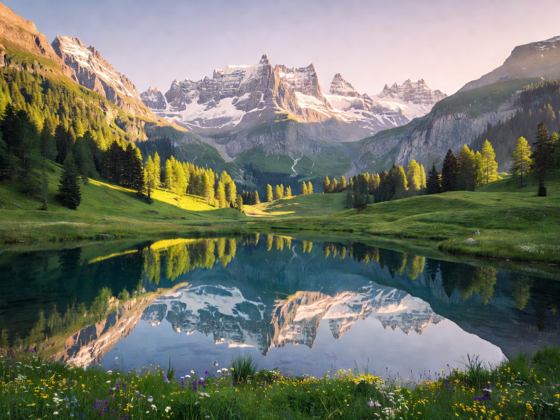 Spectacular Swiss Alps valley and lake landscape
